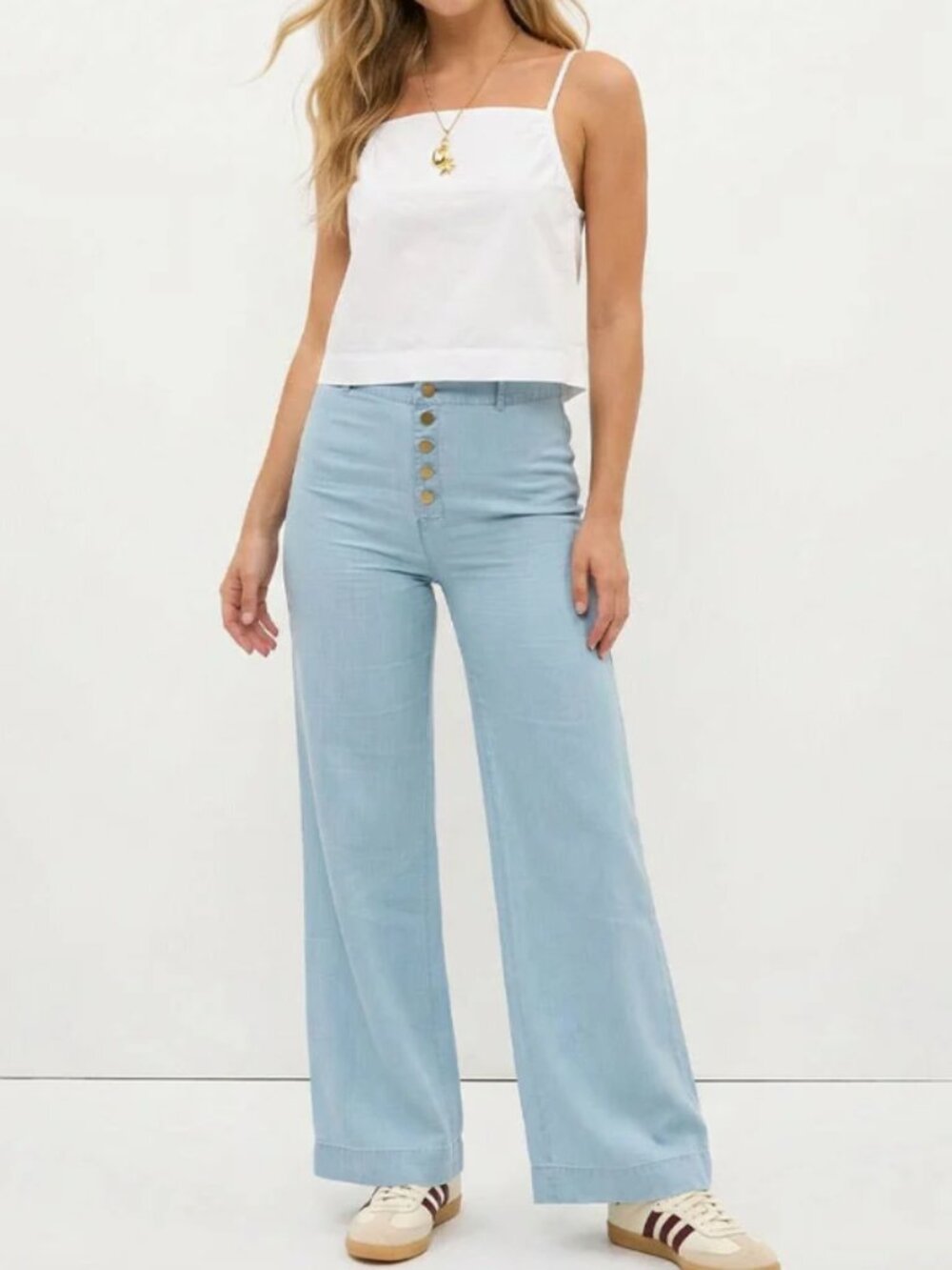 Light Wash Tencel Wide Leg High Rise Button Front Pants NWT #D136